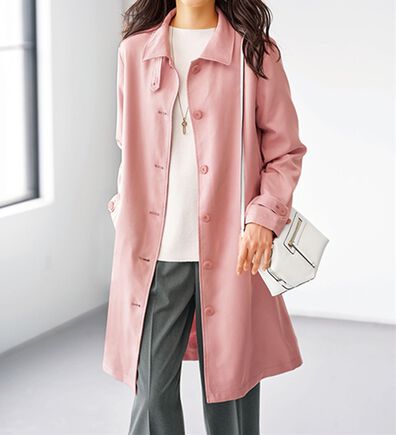 ステンカラーコートレディースファッション(ピンク)通販
