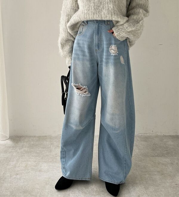 GeeRA（ジーラ）の「ダメージカーブデニムパンツ（フルレングスパンツ）」｜詳細画像