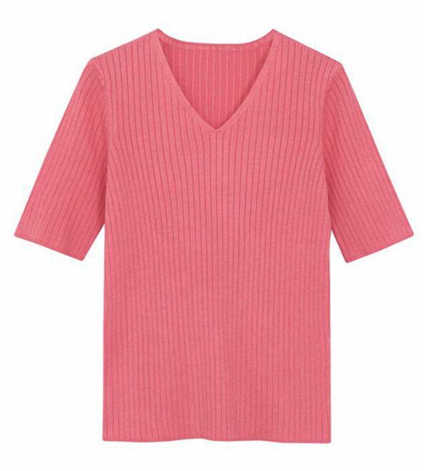 Pierrot（ピエロ）の「【洗濯機で洗える】ネックが選べるシルクタッチ半袖リブニット（ニット・セーター）」｜詳細画像