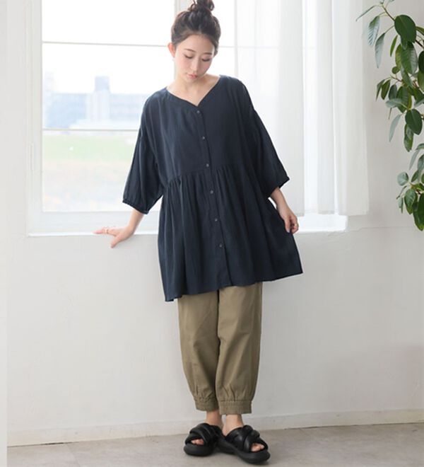 A HAPPY MARILYN（アハッピーマリリン）の「【Ｌ～６Ｌ】【風通るプレミアム】綿・楊柳、七分袖ウエストギャザーブラウス。（ブラウス）」｜詳細画像