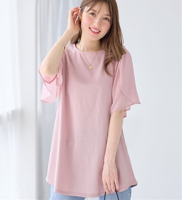 alotta（アロッタ）の「【接触冷感】袖異素材フレア袖チュニックＴシャツ（チュニック）」｜ピンク