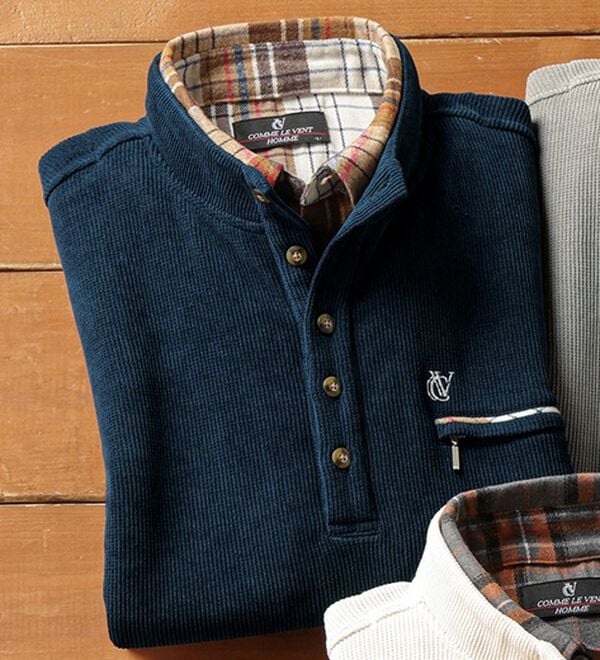 「＜コムルヴァン・オム＞大人の技ありダブル衿プルオーバー（メンズトレーナー）」｜ネイビー