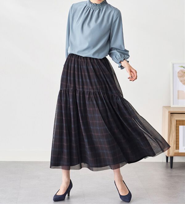 BELLUNA（ベルーナ）の「２倍の着こなし！チュールプリントスカート（ロングスカート）」｜詳細画像