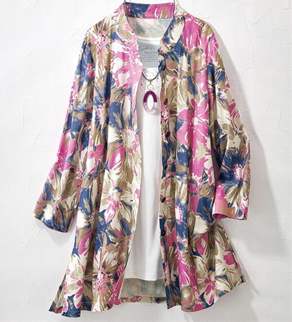 ルフラン（ルフラン）の「軽やか麻混花柄ジャケット（その他ジャケット）」｜ピンク系