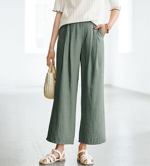 BELLUNA（ベルーナ）の「麻調素材タック使いワイドパンツ（ワイドパンツ・ガウチョ）」｜オリーブ