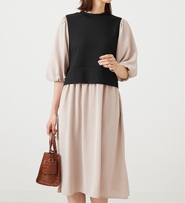 BELLUNA（ベルーナ）の「ベルト使い異素材切替ワンピ―ス（その他ワンピース）」｜詳細画像