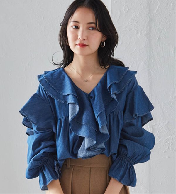 RANAN（ラナン）の「ビッグカラーフリルデニムブラウス（ブラウス）」｜詳細画像