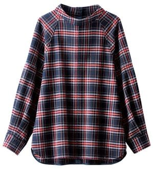 BELLUNA（ベルーナ）の「チェック柄ハイネックブラウス（ブラウス）」｜ネイビー／赤系