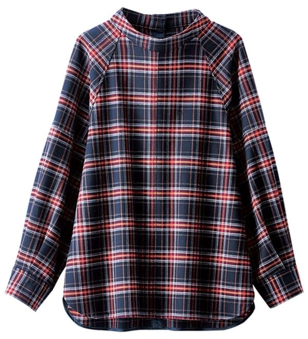 BELLUNA（ベルーナ）の「チェック柄ハイネックブラウス（ブラウス）」｜ネイビー／赤系