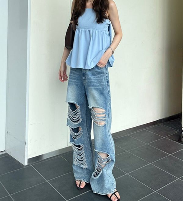 GeeRA（ジーラ）の「オリジナルパットダメージワイドデニム（ワイドパンツ・ガウチョ）」｜詳細画像