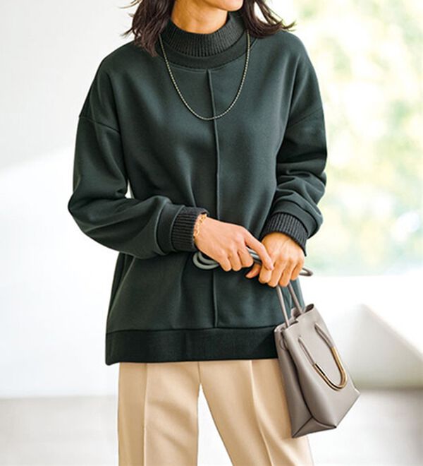 BELLUNA（ベルーナ）の「裏起毛素材リブニット切替プルオーバー（カットソー）」｜チャコール