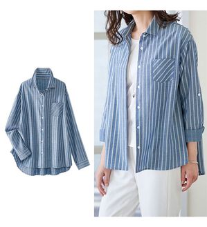 BELLUNA（ベルーナ）の「コットン・テンセル（ＴＭ）繊維　裏サラＵＶカットシャツ（シャツ）」｜ブルーストライプ