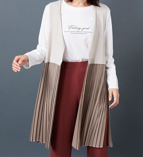 BELLUNA（ベルーナ）の「【Ｌａｇｒｉｌｕａ】異素材切替プリーツロングベスト（ジレ）」｜トープ