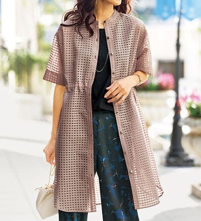 BELLUNA（ベルーナ）の「シアーチェック大人顔ロング丈シャツ（シャツワンピース）」