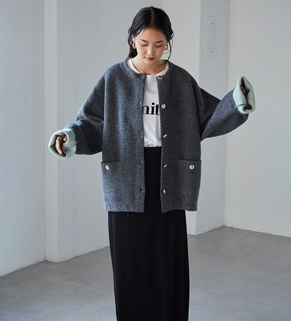 RANAN（ラナン）の「裏配色ゴールド調ボタンニットコーディガン（ニットカーディガン）」｜詳細画像