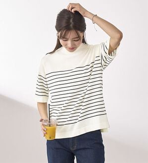 BELLUNA（ベルーナ）の「【選べるデザイン】Ｔシャツが苦手な方に！ひんやり綿混ニットＴ（ニット・セーター）」｜白&times;黒(ニットT)