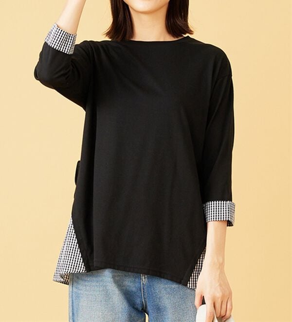 BELLUNA（ベルーナ）の「サイドリボンデザイン異素材切替チュニック（チュニック）」｜黒系