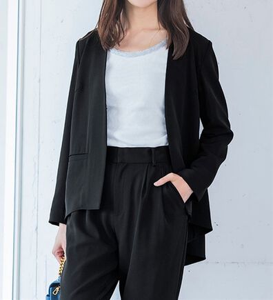 ノーカラージャケットレディースファッション(ブラック)通販