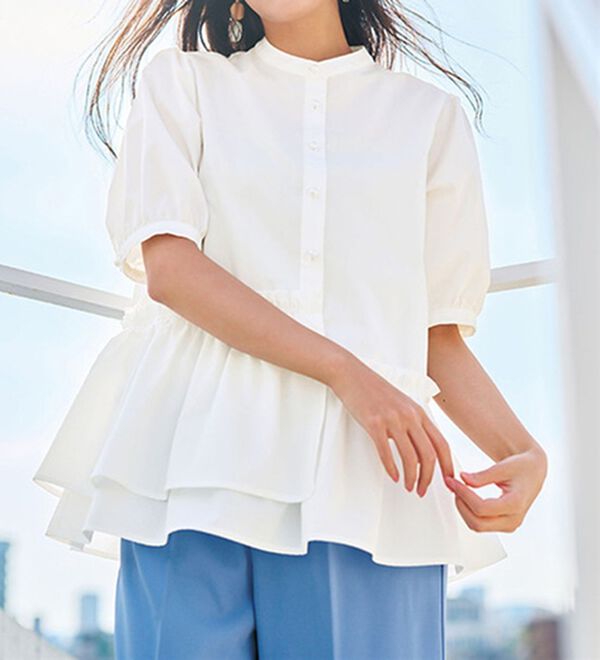 RANAN（ラナン）の「５分袖ペプラムギャザーブラウス（ブラウス）」｜ホワイト