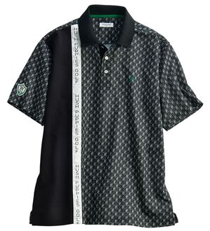 「＜ハッシュパピー・ゴルフ＞総柄ロゴパネル切替ポロシャツ（メンズポロシャツ）」｜ブラック