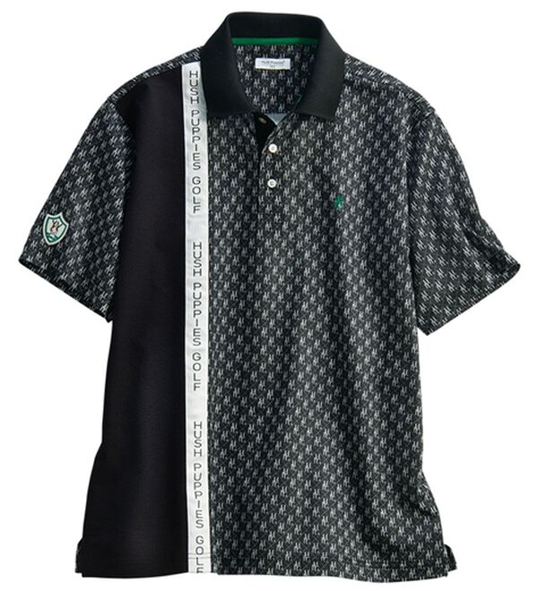 「＜ハッシュパピー・ゴルフ＞総柄ロゴパネル切替ポロシャツ（メンズポロシャツ）」｜ブラック