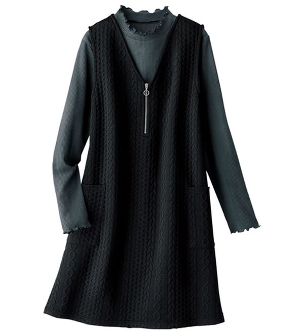 BELLUNA（ベルーナ）の「【フリル衿リブプルオーバー付】ジップ使いジャンパースカート（ジャンパースカート）」｜黒&times;チャコール