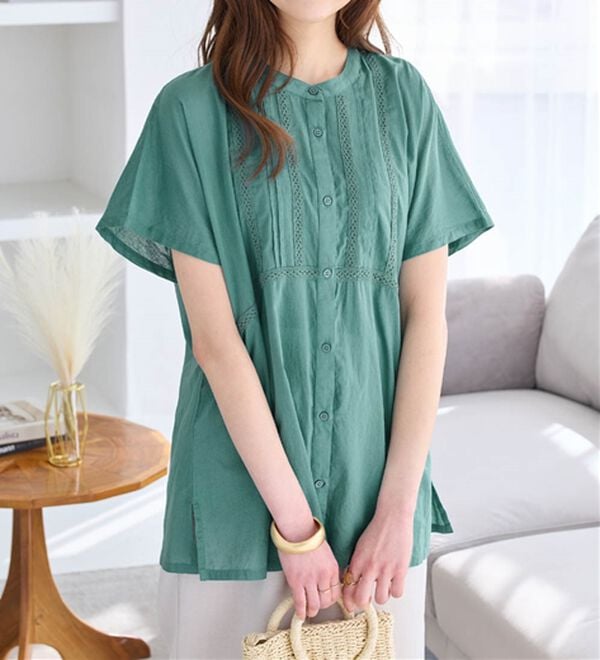 Viola e Viola（ヴィオラ エ ヴィオラ）の「【インド綿】レース付き前開きブラウス（ブラウス）」｜詳細画像