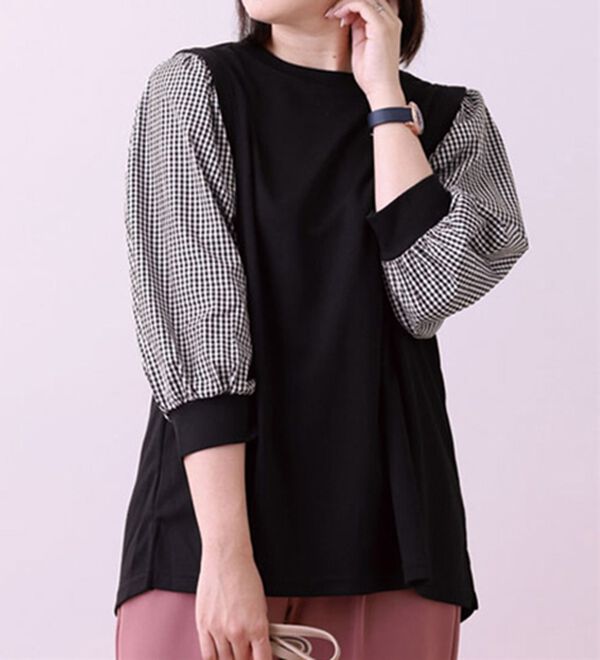 BELLUNA（ベルーナ）の「タック使いストライプ切替プルオーバー（カットソー）」｜黒