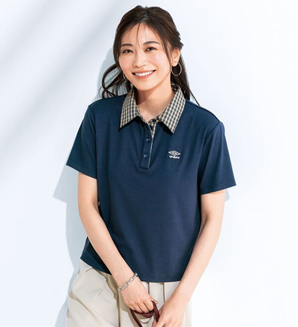 BELLUNA（ベルーナ）の「【ＵＭＢＲＯ】チェック柄切替シャツブラウス（カットソー）」｜ネイビー