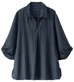 BELLUNA（ベルーナ）の「【快適Ｌａｂ．】イージーケア！袖タックスキッパーブラウス（ブラウス）」｜ネイビー系ストライプ