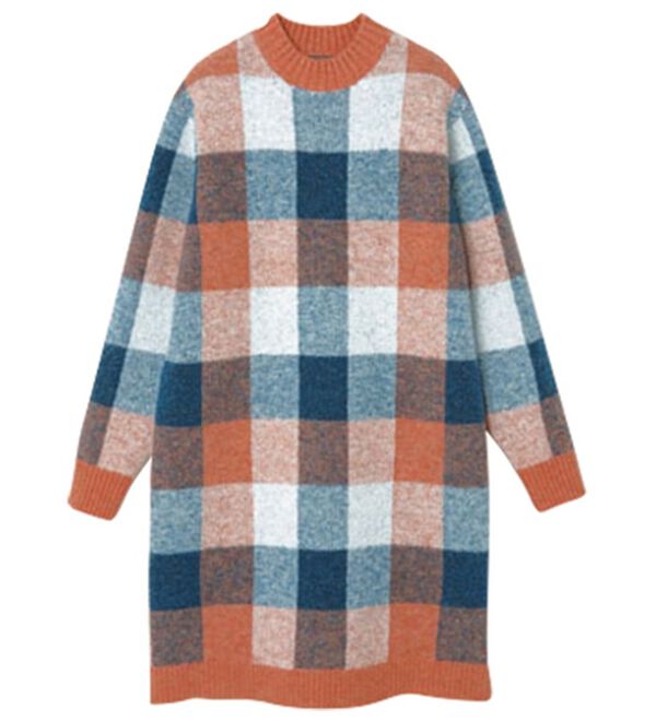 RANAN（ラナン）の「チェック柄ロング丈ニット（チュニック）」｜オレンジ系