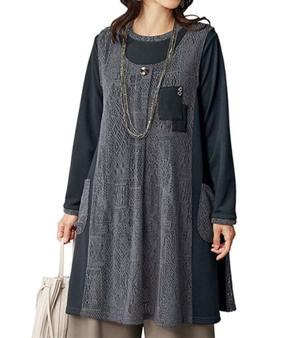 BELLUNA（ベルーナ）の「ラッセルレース切替デザインアンサンブル（アンサンブル）」｜グレー／黒