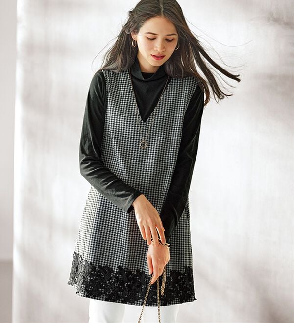 BELLUNA（ベルーナ）の「【Ｌａｇｒｉｌｕａ】裾レース千鳥柄ジャンパースカート（ジャンパースカート）」｜詳細画像