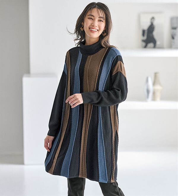 BELLUNA（ベルーナ）の「ちょっと違った私になる配色ニットチュニックワンピース（チュニックワンピース）」｜モカ&times;ブルー系