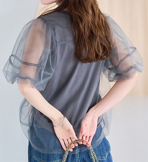 RANAN（ラナン）の「【ひんやり】チュールレイヤードパフスリーブTシャツ（カットソー）」｜詳細画像