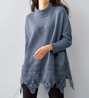 BELLUNA（ベルーナ）の「裾レース切替ポンチョ風ニットチュニック（チュニック）」｜詳細画像