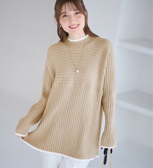 alotta（アロッタ）の「パチパチしにくい！洗えるリブ切替配色ニットプルオーバー（ニット・セーター）」｜グレージュ