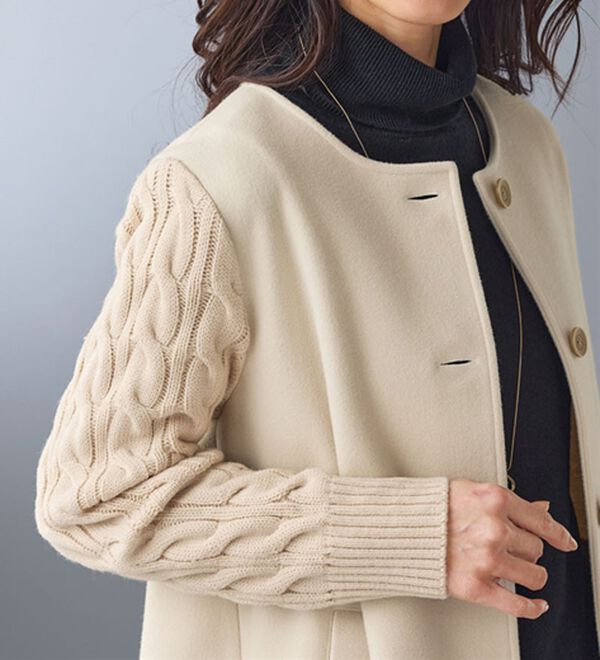 BELLUNA（ベルーナ）の「ケーブルニット使いフェイクウールコート（ハーフコート）」｜詳細画像
