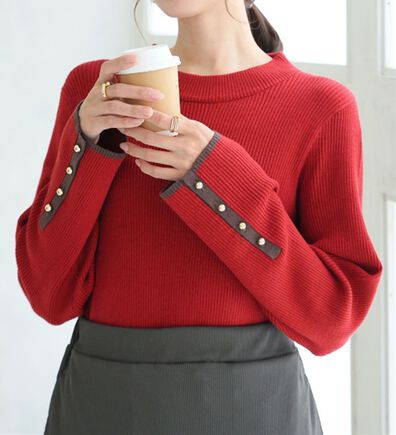 A HAPPY MARILYN（アハッピーマリリン）の「【Ｌ～８Ｌ】フィットしすぎない！もっちりリブ 配色美人着回し 袖ボタンニット（ニット・セーター）」