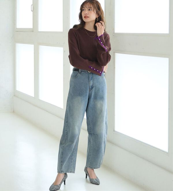 A HAPPY MARILYN（アハッピーマリリン）の「【Ｌ～８Ｌ】フィットしすぎない！もっちりリブ 配色美人着回し 袖ボタンニット（ニット・セーター）」｜詳細画像