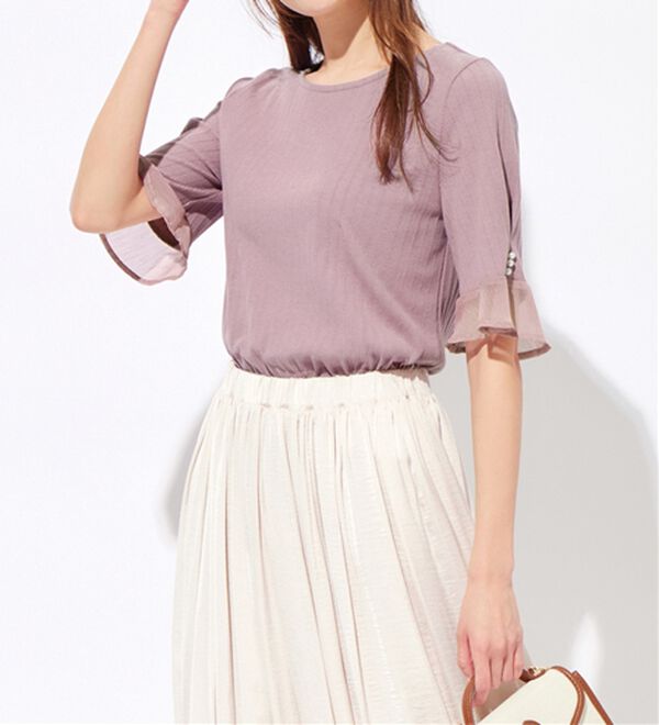 alotta（アロッタ）の「パール調ボタン付テレコリブトップス（カットソー）」｜詳細画像