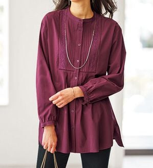 BELLUNA（ベルーナ）の「レース&times;ピンタック使いシャツチュニック（チュニック）」｜ワイン