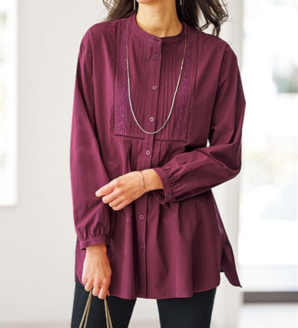 BELLUNA（ベルーナ）の「レース&times;ピンタック使いシャツチュニック（チュニック）」｜ワイン
