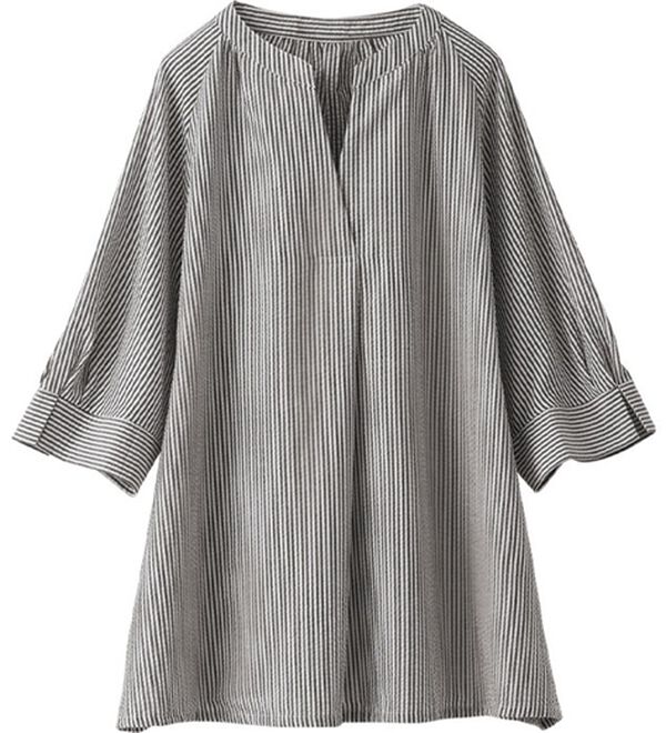 BELLUNA（ベルーナ）の「サッカー素材スキッパーブラウス（ブラウス）」｜ストライプ