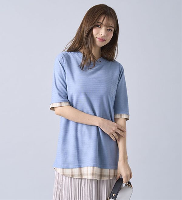 BELLUNA（ベルーナ）の「ひんやり冷感！タックジャカード素材重ね着風プルオーバー（カットソー）」｜詳細画像