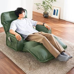 iellio（イエリオ）の「ＮＥＷ収納簡単低反発もこもこ座椅子＜１人掛け・リクライニング・フロアチェア・ごろ寝マット・ロングマット・長座布団＞（座椅子）」｜ダークグリーン(レザー調)
