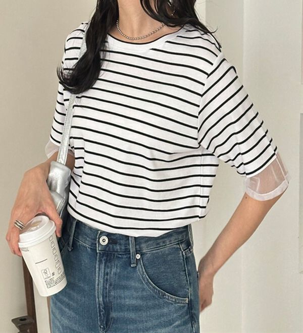 GeeRA（ジーラ）の「綿１００％袖シアー切替シルケットＴシャツ（Tシャツ）」｜詳細画像