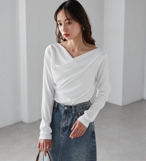 RANAN（ラナン）の「【春色追加】上品ドレープリブロングＴシャツ（カットソー）」｜詳細画像