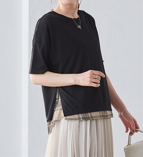 RANAN（ラナン）の「チェック柄異素材使いTシャツ（カットソー）」｜詳細画像