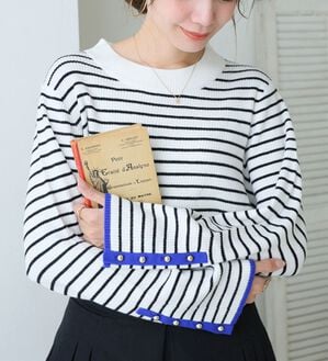 A HAPPY MARILYN（アハッピーマリリン）の「【Ｌ～８Ｌ】フィットしすぎない！もっちりリブ 配色美人着回し 袖ボタンニット（ニット・セーター）」｜ボーダ×ブルー